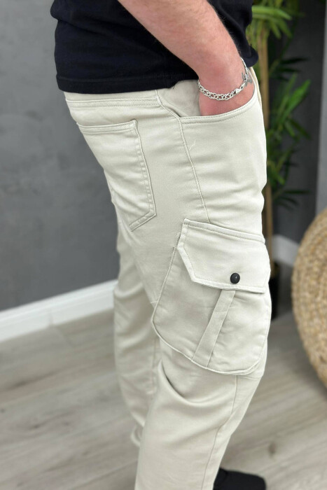 POCKET ONE COLOR MEN CARGO PANTS CREAM/KREM - 2