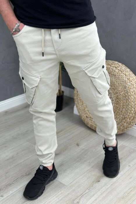 POCKET ONE COLOR MEN CARGO PANTS CREAM/KREM - 3