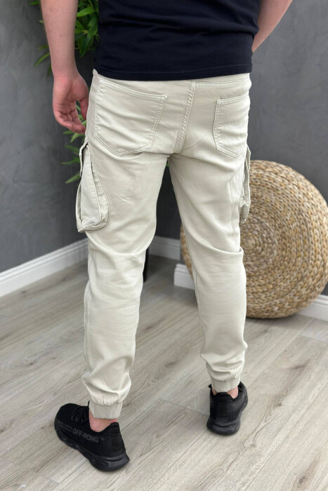 POCKET ONE COLOR MEN CARGO PANTS CREAM/KREM - 4