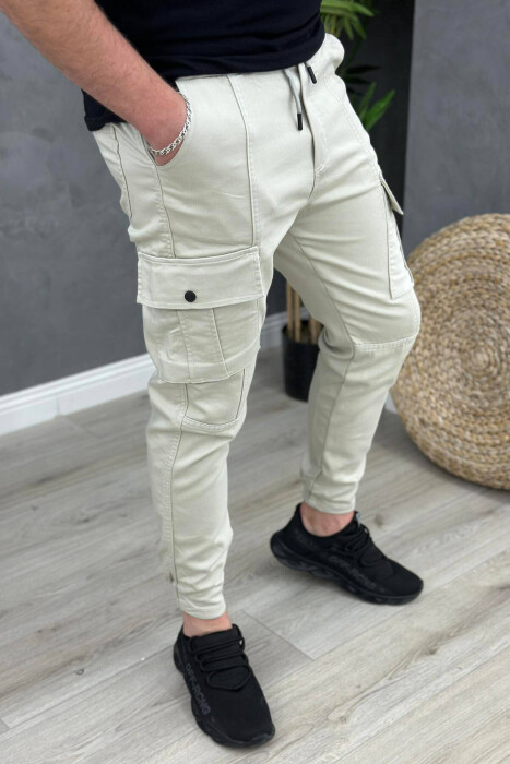 POCKET ONE COLOR MEN CARGO PANTS CREAM/KREM - 2