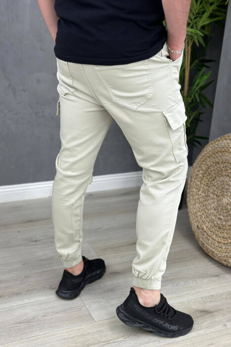 POCKET ONE COLOR MEN CARGO PANTS CREAM/KREM - 4