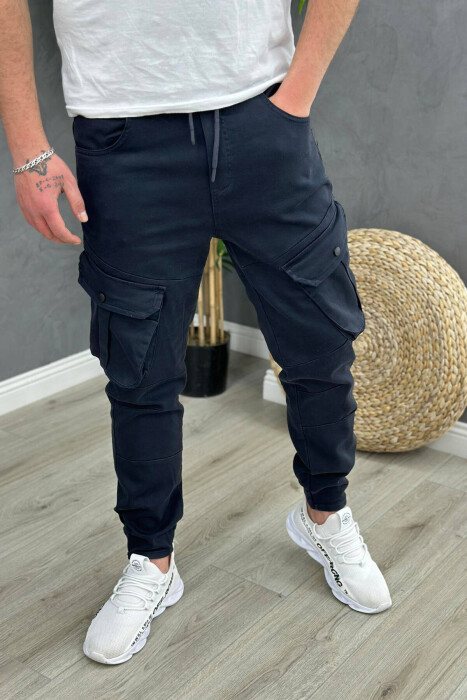 POCKET ONE COLOR MEN CARGO PANTS DARK BLUE/BEE - KLAUDIO FASHION