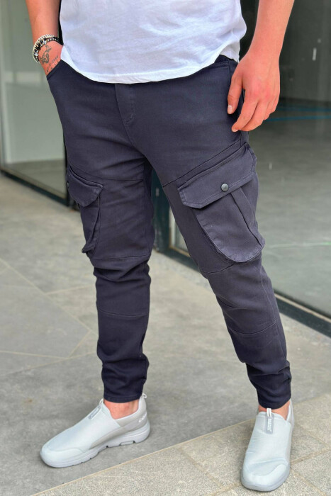POCKET ONE COLOR MEN CARGO PANTS DARK BLUE/BEE - KLAUDIO FASHION