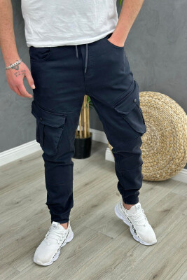 POCKET ONE COLOR MEN CARGO PANTS DARK BLUE/BEE 