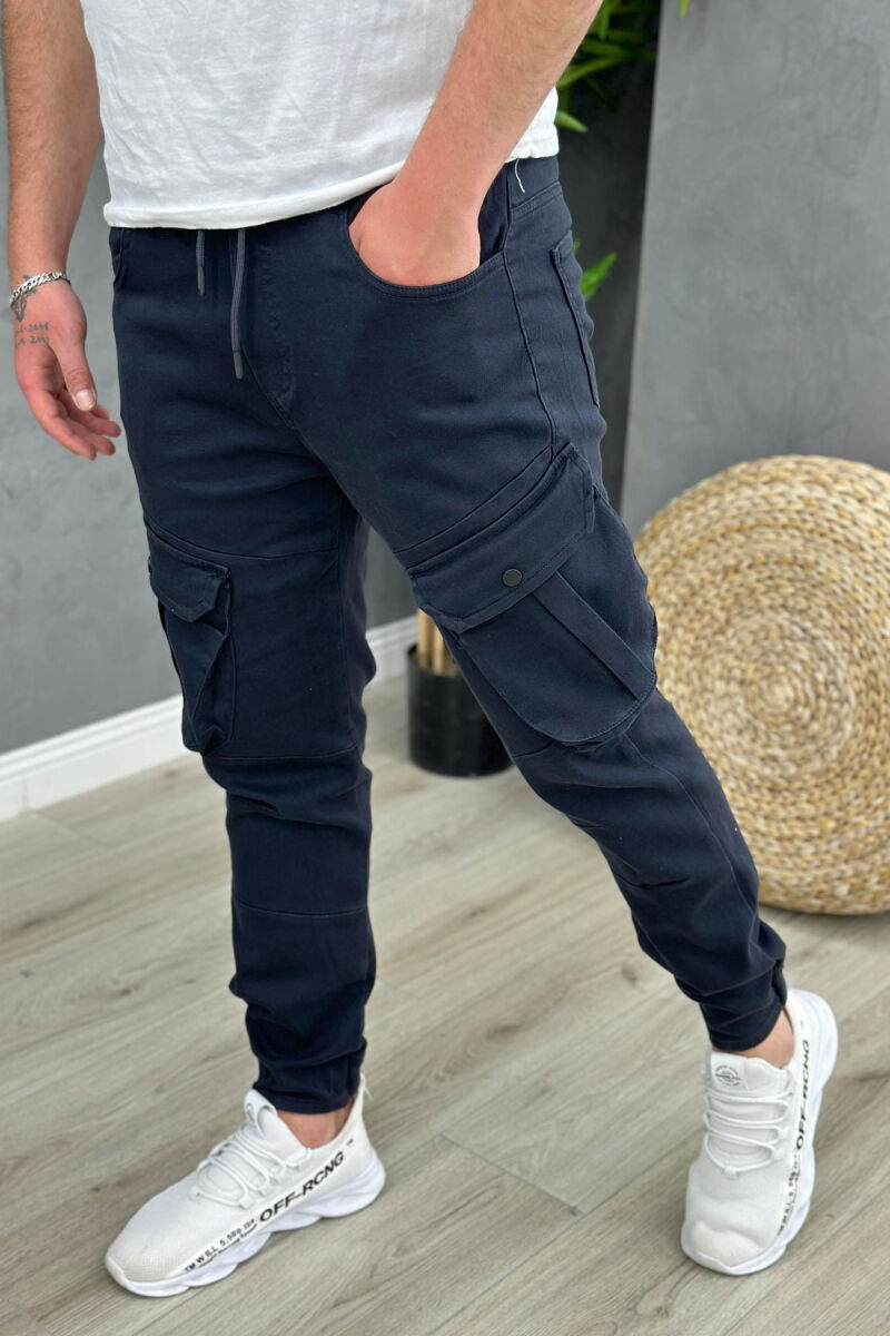 POCKET ONE COLOR MEN CARGO PANTS DARK BLUE/BEE - 3