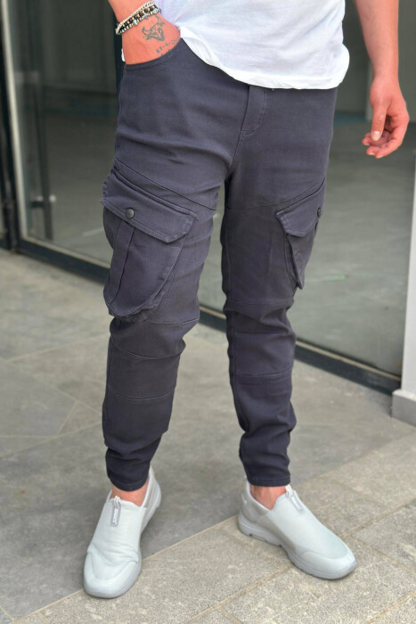 POCKET ONE COLOR MEN CARGO PANTS DARK BLUE/BEE - 2