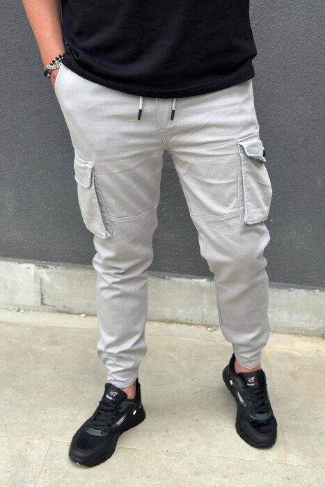 POCKET ONE COLOR MEN CARGO PANTS GREY/GRI - KLAUDIO FASHION