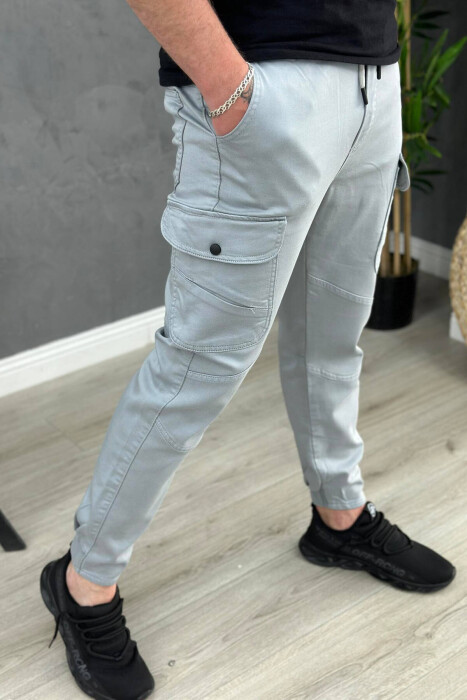 POCKET ONE COLOR MEN CARGO PANTS LIGHTBLUE/BZ - 2