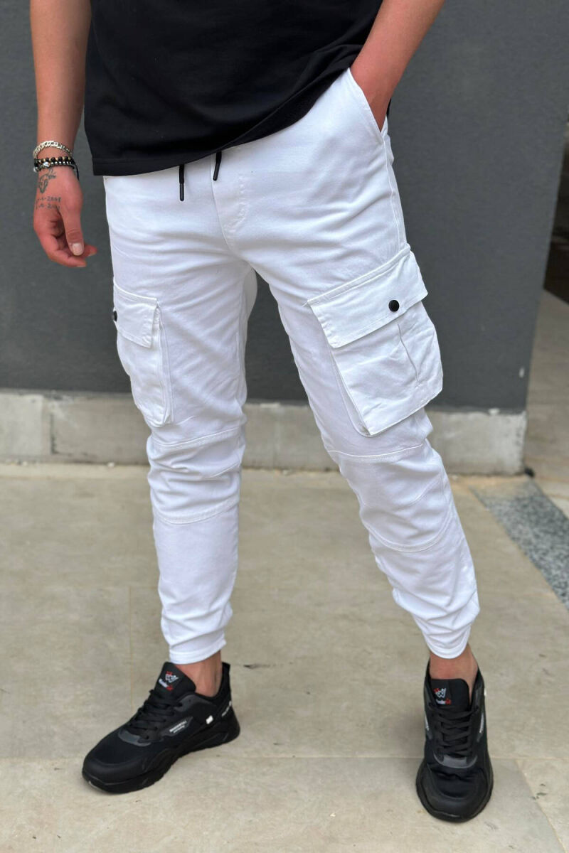 POCKET ONE COLOR MEN CARGO PANTS WHITE-E BARDHE - 1