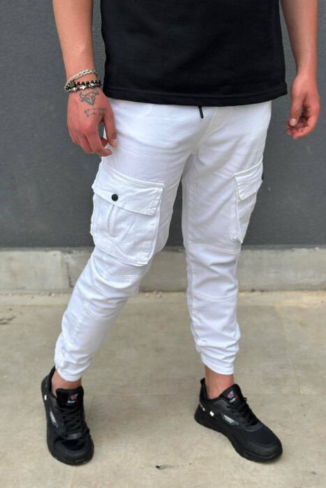 POCKET ONE COLOR MEN CARGO PANTS WHITE-E BARDHE - 2