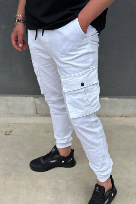 POCKET ONE COLOR MEN CARGO PANTS WHITE-E BARDHE - 4