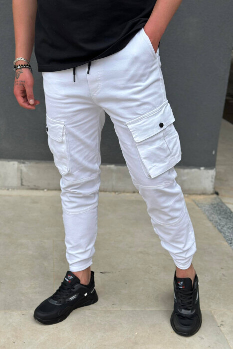 POCKET ONE COLOR MEN CARGO PANTS WHITE-E BARDHE - KLAUDIO FASHION