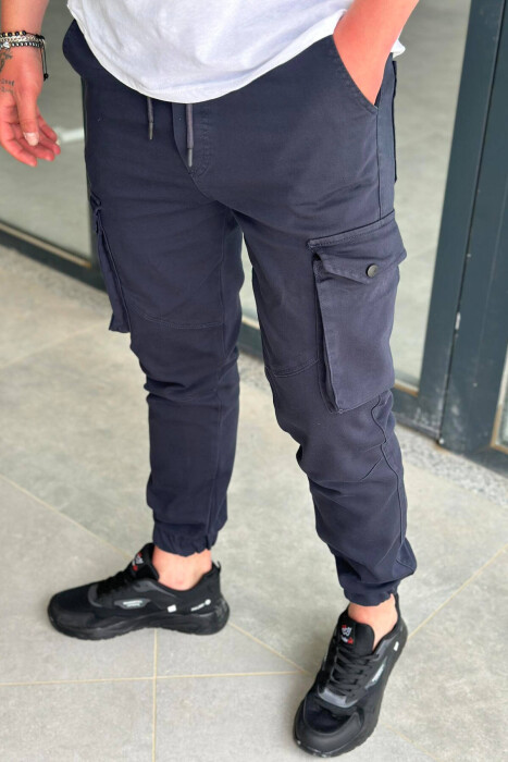 POCKET SIMPLE ONE COLOR MEN CARGO PANTS DARK BLUE/BEE - 2