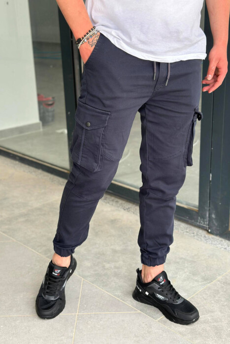 POCKET SIMPLE ONE COLOR MEN CARGO PANTS DARK BLUE/BEE - 4