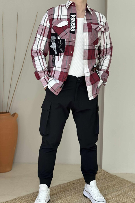 POCKETS DETAIL DESIGNED PLAID MEN SHIRT BURGUNDY/VISHNJE 