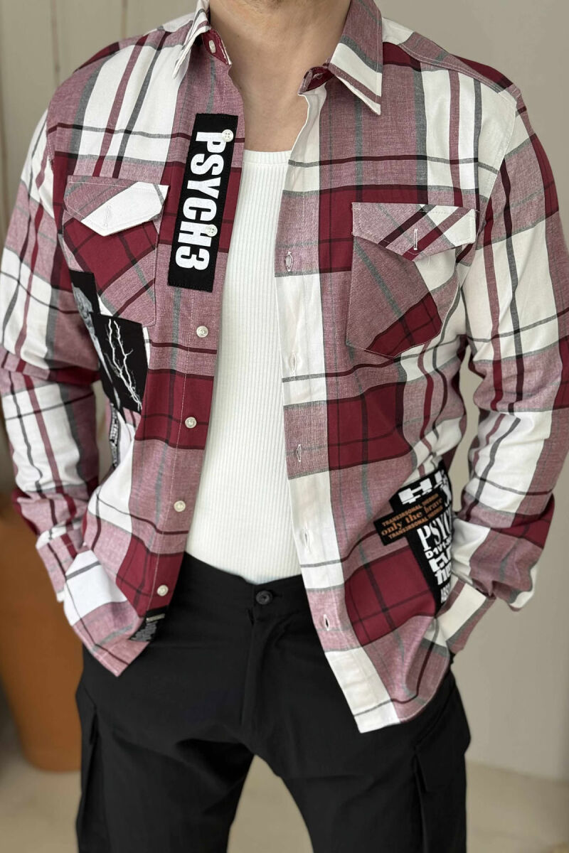 POCKETS DETAIL DESIGNED PLAID MEN SHIRT BURGUNDY/VISHNJE - 2