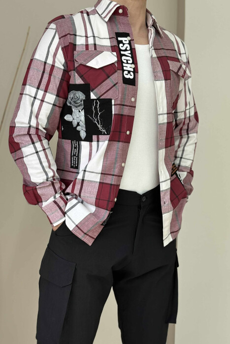 POCKETS DETAIL DESIGNED PLAID MEN SHIRT BURGUNDY/VISHNJE - 3