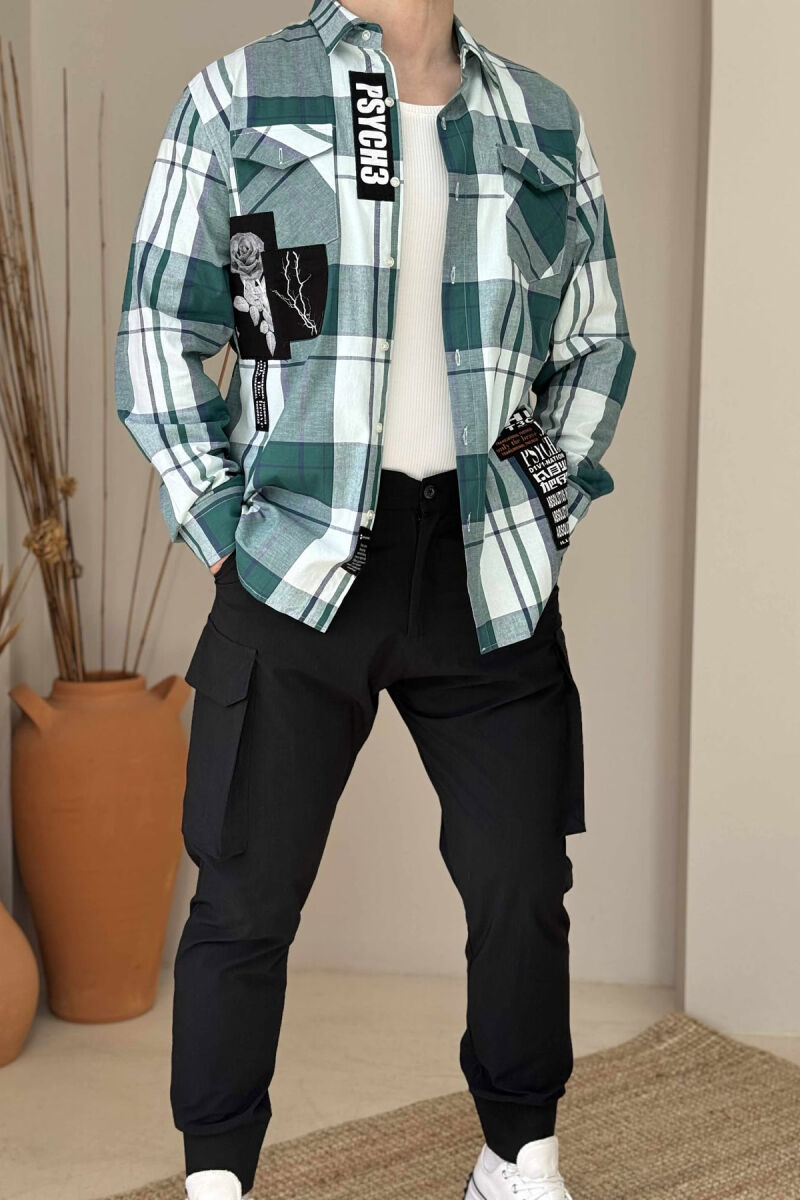 POCKETS DETAIL DESIGNED PLAID MEN SHIRT GREEN/JESHILE - 1