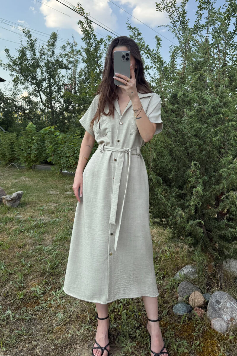 POCKETS DETAIL POLO NECK LACING WOMEN DRESS BEIGE/BEZHE - 2