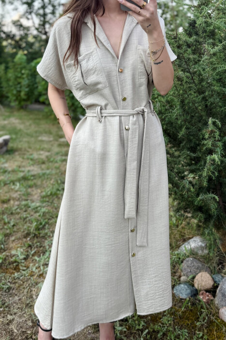 POCKETS DETAIL POLO NECK LACING WOMEN DRESS BEIGE/BEZHE - 3