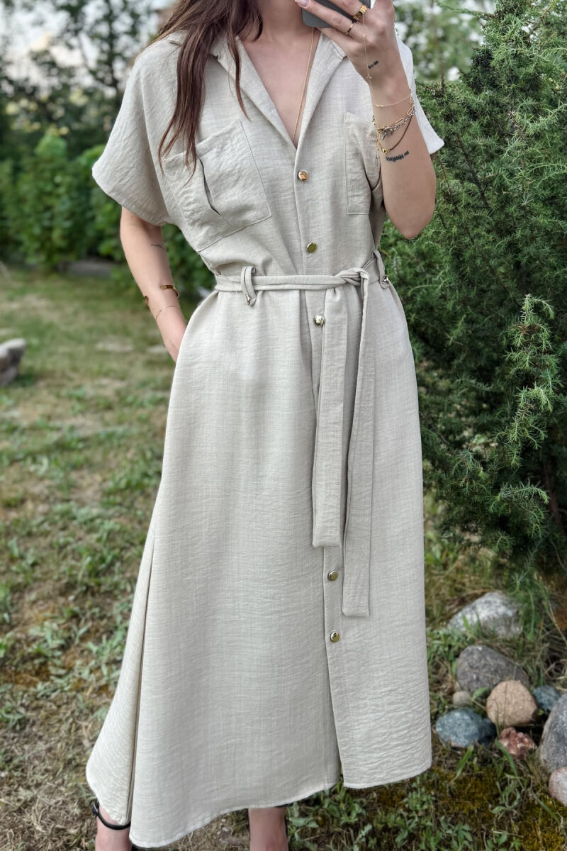 POCKETS DETAIL POLO NECK LACING WOMEN DRESS BEIGE/BEZHE - 3