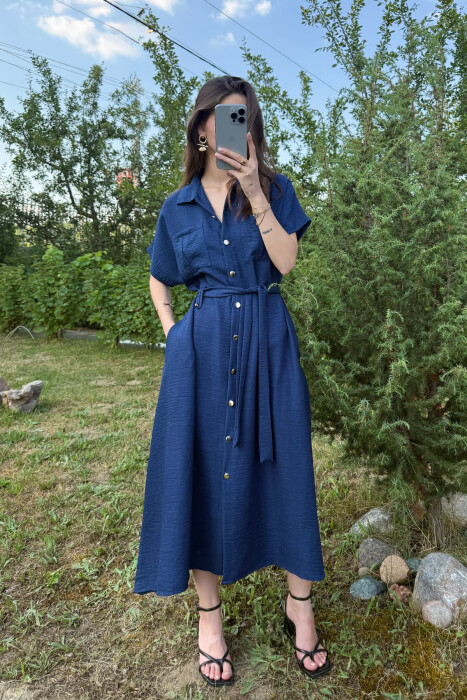 POCKETS DETAIL POLO NECK LACING WOMEN DRESS DARK BLUE/BEE 
