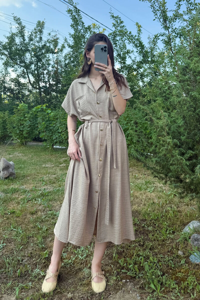 POCKETS DETAIL POLO NECK LACING WOMEN DRESS LIGHT BROWN/KAZB - 1