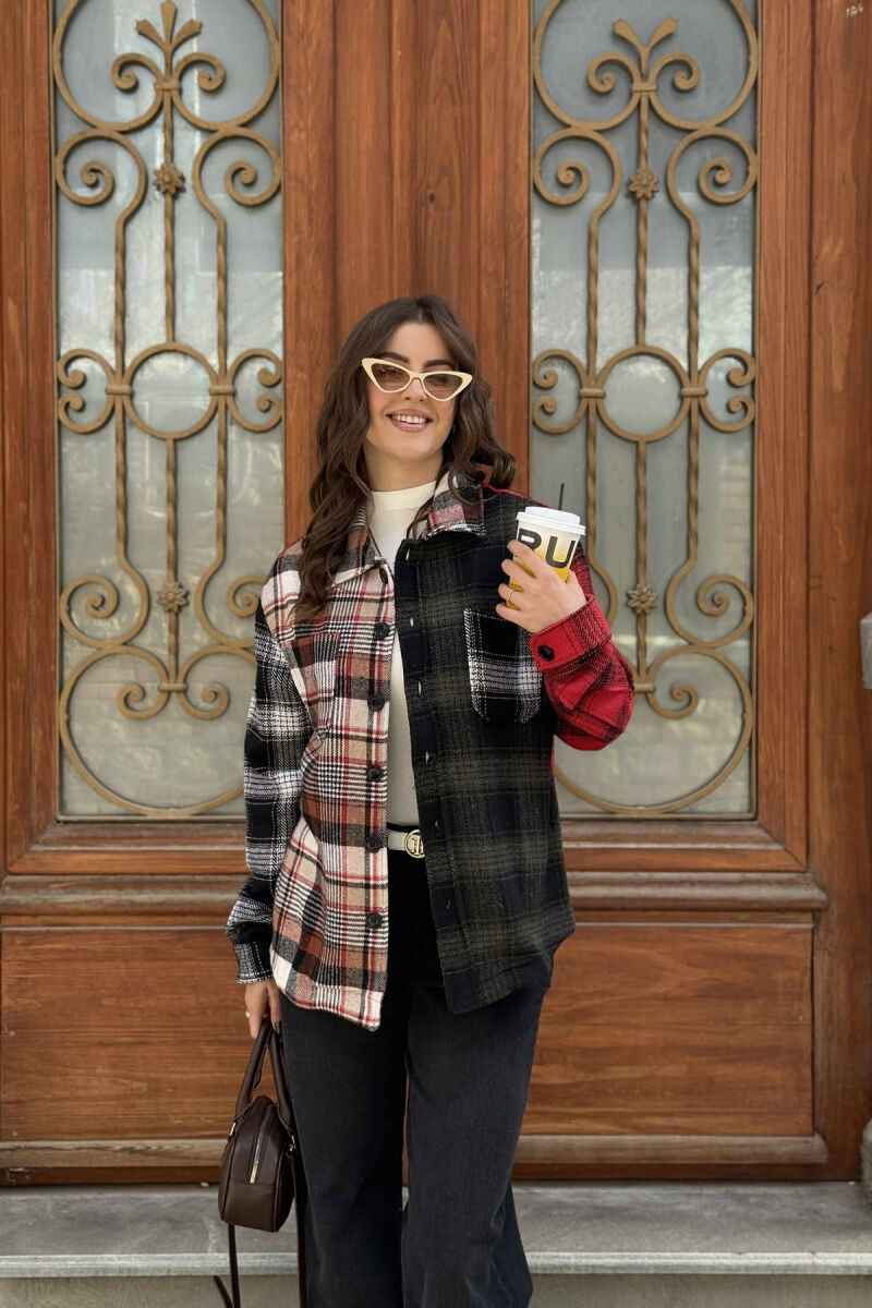 POCKETS DETAIL SIMPLE PLAID WOMEN JACKET RED+GREEN/KUQE+JESHILE - 1