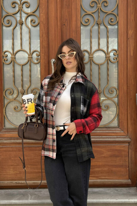 POCKETS DETAIL SIMPLE PLAID WOMEN JACKET RED+GREEN/KUQE+JESHILE - 2