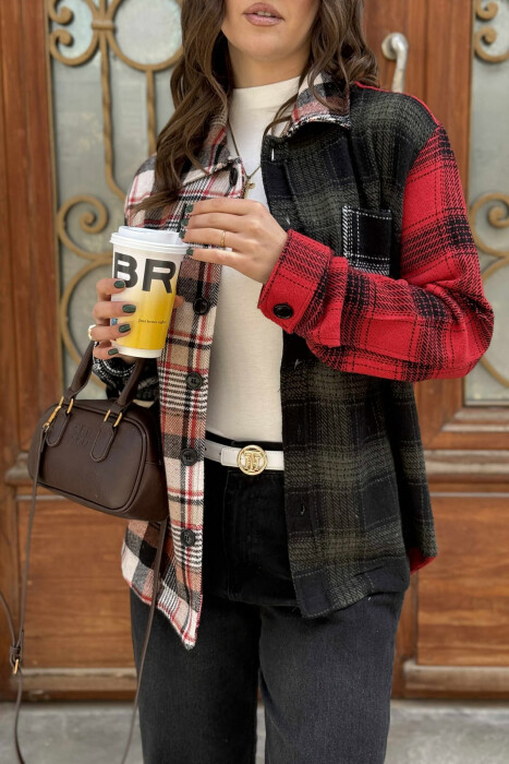 POCKETS DETAIL SIMPLE PLAID WOMEN JACKET RED+GREEN/KUQE+JESHILE - 3