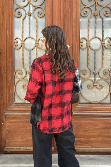 POCKETS DETAIL SIMPLE PLAID WOMEN JACKET RED+GREEN/KUQE+JESHILE - 4