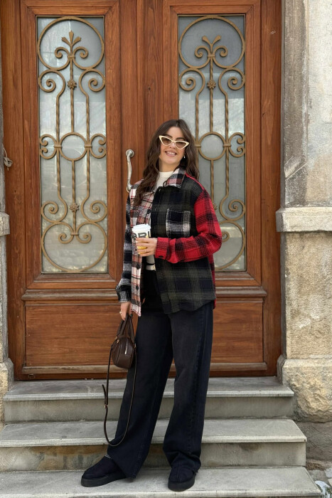 POCKETS DETAIL SIMPLE PLAID WOMEN JACKET RED+GREEN/KUQE+JESHILE - 5