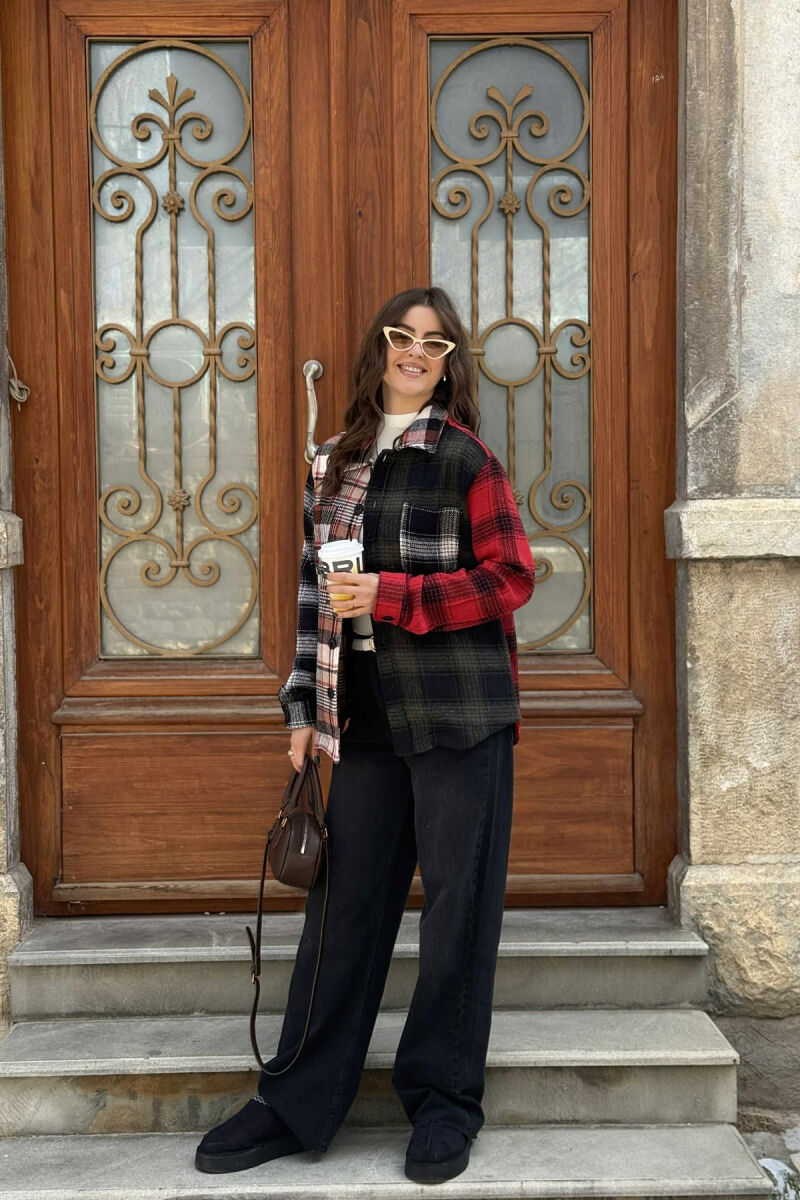 POCKETS DETAIL SIMPLE PLAID WOMEN JACKET RED+GREEN/KUQE+JESHILE - 5