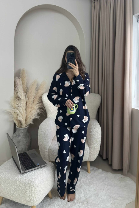 POLAR BEAR DESIGN SHIRT+TROUSERS WOMEN PYJAMAS DARK BLUE/BEE - 1