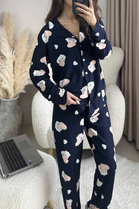 POLAR BEAR DESIGN SHIRT+TROUSERS WOMEN PYJAMAS DARK BLUE/BEE - 4