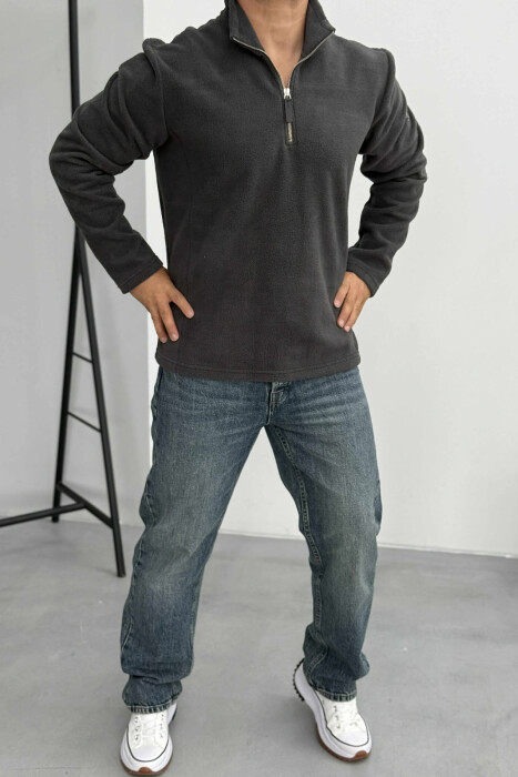 POLAR ZIPPER NECK ONE COLOR MEN SWEATSHIRT DARK GREY/GEE - KLAUDIO FASHION