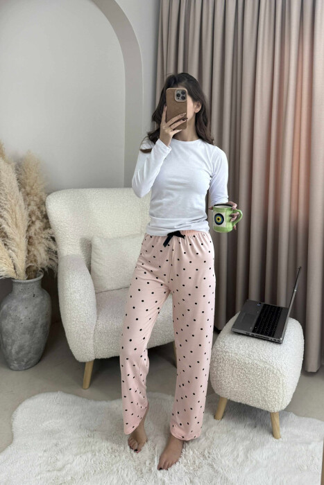 POLKA DOTS BOW DETAIL WOMEN JOGGERS POWDER/PUDER - KLAUDIO FASHION