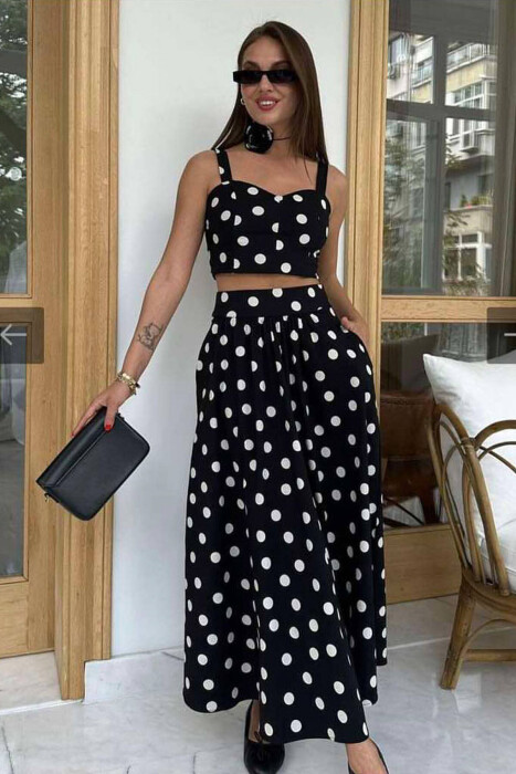 POLKA DOTS CROP+SKIRT WOMEN SET BLACK/ E ZEZE TWO-PIECE SETS