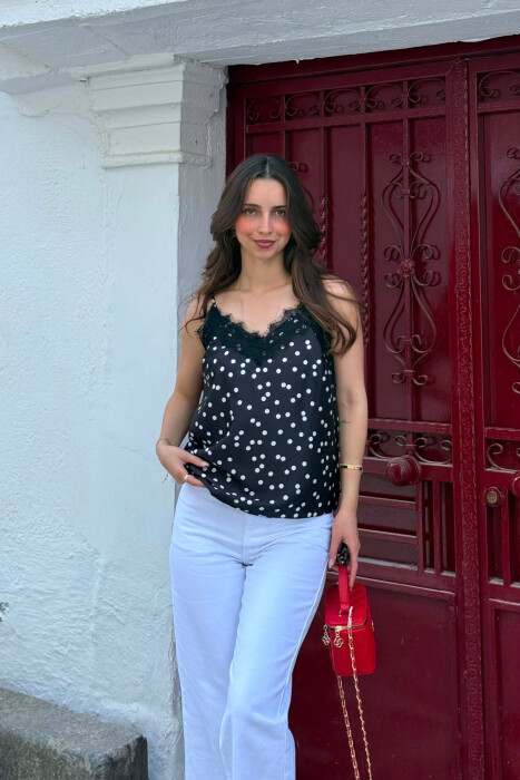 POLKA DOTS LACE DETAILS WOMAN TANK TOP BLACK/ E ZEZE 