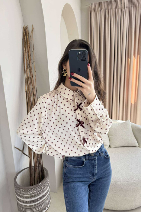 POLKA DOTS RIBBON DETAILS WOMEN SHIRT CREAM/KREM - 1