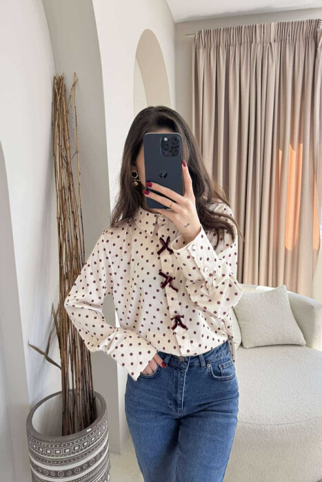 POLKA DOTS RIBBON DETAILS WOMEN SHIRT CREAM/KREM - 2