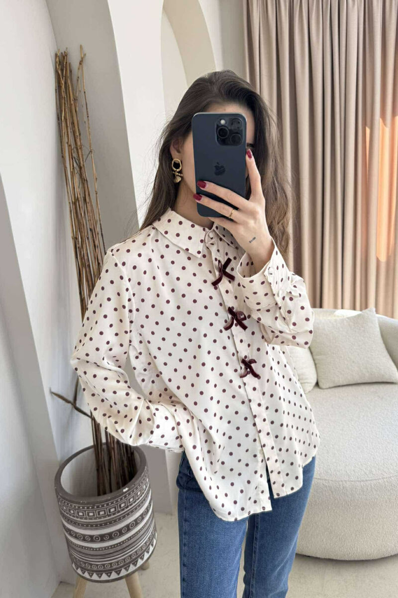 POLKA DOTS RIBBON DETAILS WOMEN SHIRT CREAM/KREM - 3