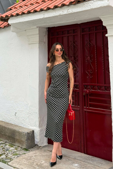POLKA DOTS SIMPLE WOMAN DRESS BLACK/ E ZEZE - KLAUDIO FASHION