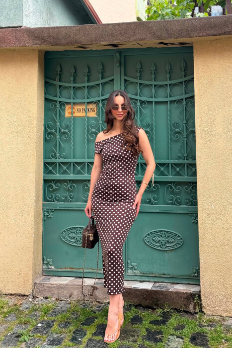 POLKA DOTS SIMPLE WOMAN DRESS BROWN/KAFE - KLAUDIO FASHION