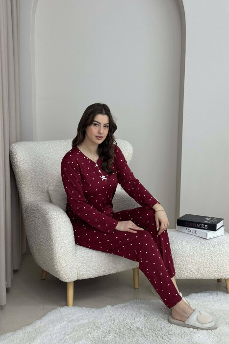 POLKA DOTS SWEATSHIRT+TROUSERS WOMEN PYJAMAS BURGUNDY/VISHNJE - 3