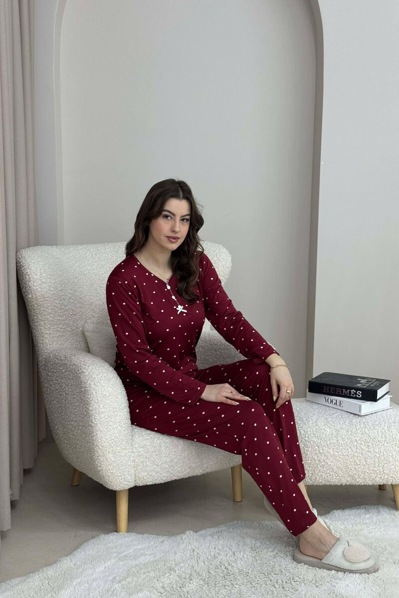 POLKA DOTS SWEATSHIRT+TROUSERS WOMEN PYJAMAS BURGUNDY/VISHNJE - 3
