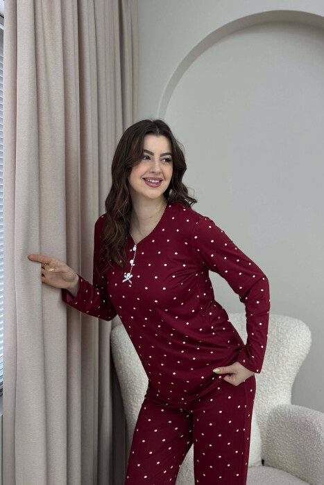 POLKA DOTS SWEATSHIRT+TROUSERS WOMEN PYJAMAS BURGUNDY/VISHNJE - 4