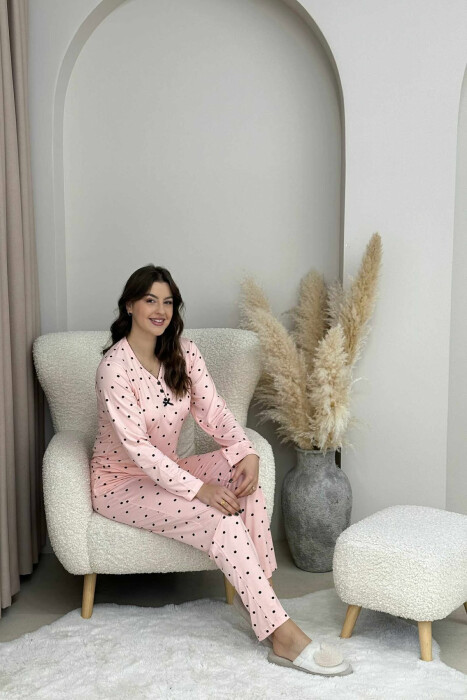 POLKA DOTS SWEATSHIRT+TROUSERS WOMEN PYJAMAS POWDER/PUDER - KLAUDIO FASHION