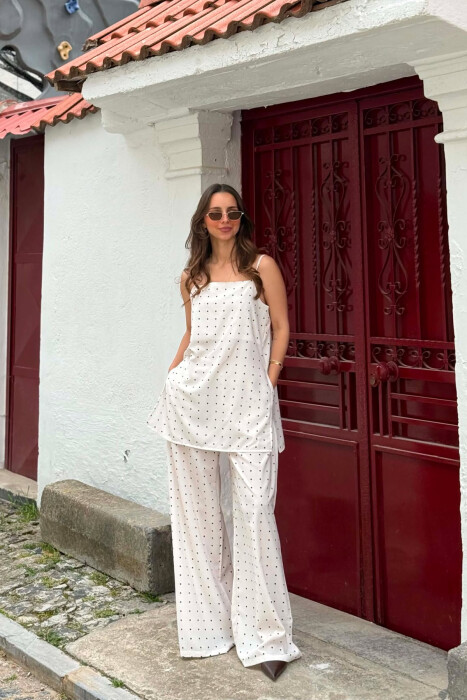 SET KANTJERE+PANTALLONA ME DIZAJN POLKA DOTS PER FEMRA NE NGJYRE KREM - KLAUDIO FASHION