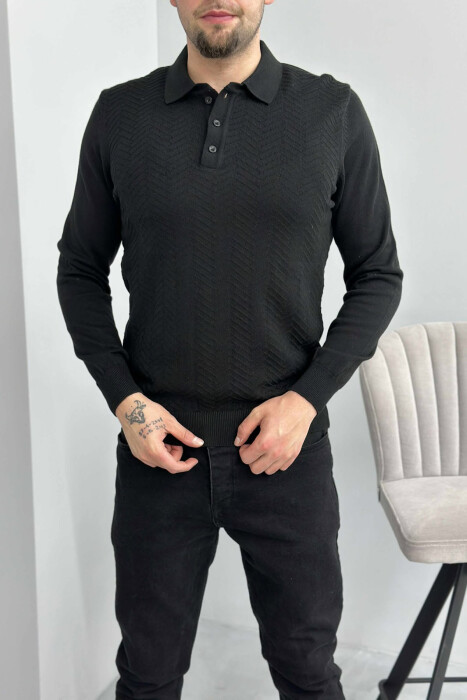POLO BUTTONED NECK ONE COLOR MEN SWEATER BLACK/ E ZEZE - 2